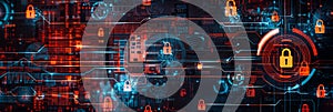 An abstract visualization of cybersecurity, featuring digital locks, shields, and network nodes protected by AI