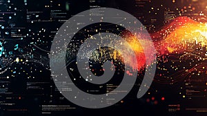 Abstract visualization of data flow with code elements and glowing particle streams on a dark background