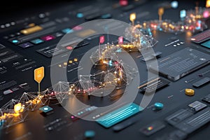 Abstract visualization of data flow in a digital interface with glowing nodes