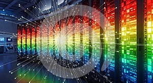Abstract visualization of data flow and network connections within a modern server room