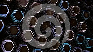 Abstract visualization of data processing on hexagons and dark background, seamless loop. Animation. Motion graphics