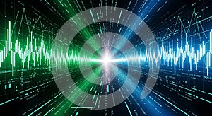 Abstract visualization of data streams, sound waves, and digital