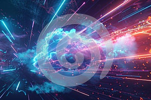 An abstract visualization depicting cloud computing, data processing, and AI operations within a digital cloud