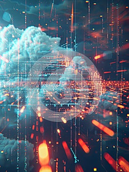 An abstract visualization depicting cloud computing, with digital elements representing data processing and AI