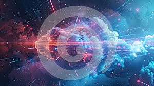 Abstract visualization depicting data processing and AI operations within a cloud computing environment. Generative AI