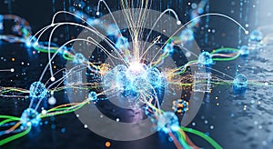 Abstract visualization depicts a complex digital network structure with glowing nodes and data streams