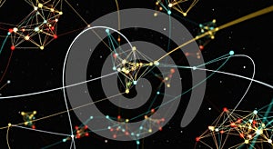 Abstract Network of Glowing Geometric Shapes and Lines on a Dark Background connection technology