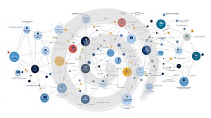 Complex Network Diagram with Connected Nodes and Icons