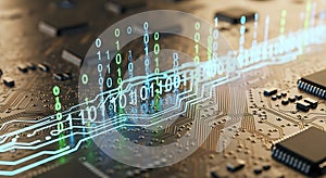 Digital Binary Code Data Flow on Futuristic Circuit Board with Microchips