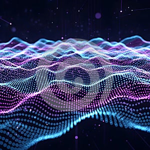 AI generated image. Abstract visualization of digital data with flowing waves of glowing points, creating dynamic
