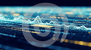 Abstract digital data visualization with glowing blue and yellow lines and particles on a dark background