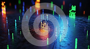 Abstract digital data stream with glowing numbers and lights