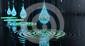 Digital Data Drops and Binary Code Ripples in Water - Futuristic Technology Concept