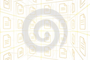 Abstract visualization of a digital data storage system with yellow document icons arranged in geometric perspective, representing