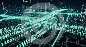 Futuristic Digital Data Stream with Binary Code and Network Connections