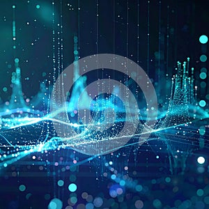 Abstract Visualization of Digital Data Stream with Glowing Dots and Lines in Blue