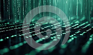 Abstract visualization of digital data streams and binary code flowing through a cyber network.