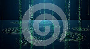 Digital Data Streams Flowing into Water with Binary Code Ripples