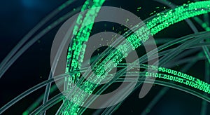 Abstract Green Digital Binary Code Flowing Through Fiber Optic Cables