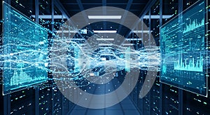 Futuristic Data Stream in Server Room Big Data Flow and Analytics