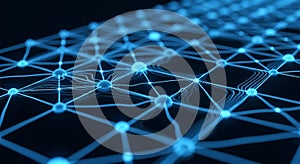 Abstract Blue Network of Glowing Nodes and Lines on Black Background technology