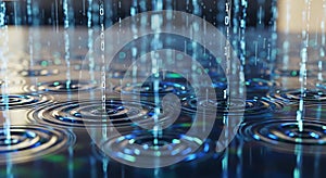 Digital Rain of Binary Code Cascading into Rippling Water Surface