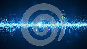 Vibrant blue digital waveform with data streams and binary code against dark background