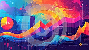 Abstract Financial Data Visualization with Pie Chart and Wavy Graphs background blue