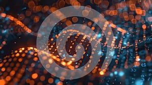 Abstract Technology Background with Binary Code and Glowing Particles in Orange and Blue