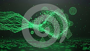 Abstract Green Binary Code Data Stream and 3D Shapes - Technology, Network, Digital Art