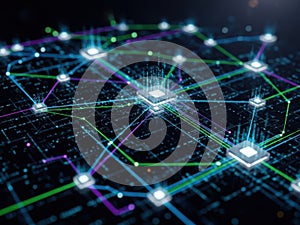 Digital network connection with glowing nodes and circuits