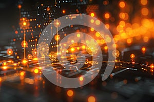 Futuristic Digital Network with Glowing Orange Nodes - Concept of Data Transmission and Cybersecurity Generative AI