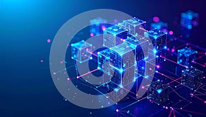 Abstract visualization of glowing cubes interconnected by lines and dots, symbolizing blockchain technology or data processing