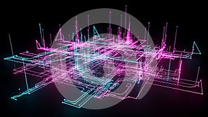 Abstract visualization of a glowing digital network infrastructure with intersecting neon lines representing data flow and complex