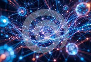 Futuristic neural network visualization with glowing connections and dynamic energy flow in cyberspace