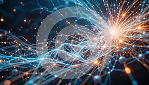 Futuristic neural network visualization with glowing connections and dynamic energy flow in cyberspace