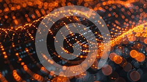 Abstract Binary Code Wave with Glowing Orange Dots on Dark Background