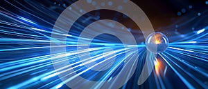 Abstract data stream visualization with a central particle sphere and high-speed information transfer