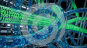 Digital Data Stream Through Futuristic Neural Network Cables with Binary Code