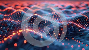 Abstract Wavy Pattern with Glowing Dots on Dark Blue Background