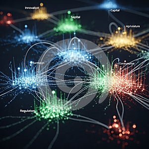Of interconnected data clusters, each represented by colorful,