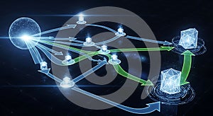 Abstract visualization of interconnected nodes and pathways representing a complex neural network or data flow system