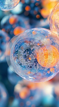 Abstract Visualization of Microscopic Biological Cells with Orange Nucleus in Blue