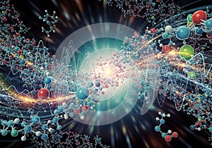 Abstract visualization of molecular structures and waveforms,