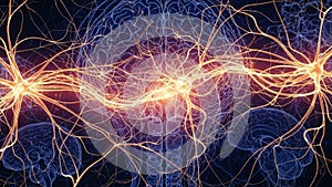 Abstract visualization of neural network activity with glowing orange neurons and blue brain structure connections