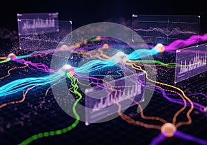 Abstract visualization of neural network connections and data streams with graphs