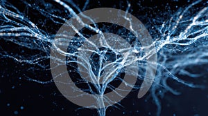 Abstract visualization of a neural network using glowing data streams, a concept of digital intelligence connectivity