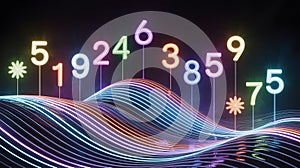Abstract Visualization of Numbers and Data with Bright Neon Lights and Dynamic Flowing Patterns