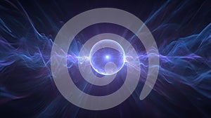 Abstract visualization of quantum energy sphere emitting vibrant waveforms in dark space, representing particle physics