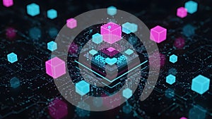 Abstract visualization of a quantum processor a deep black background.